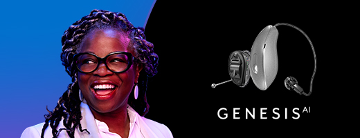 Image of smiling senior woman beside Genesis AI standard and custom hearing aids 